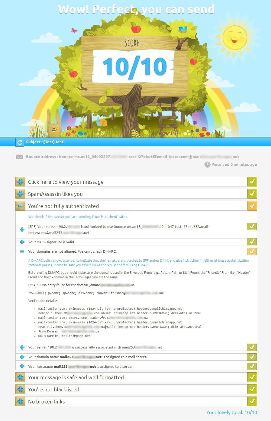 Mail-tester.com дал максимальный рейтинг - 10