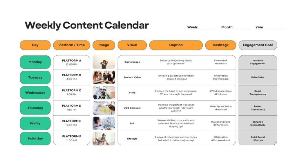Examples of a content plan for a week